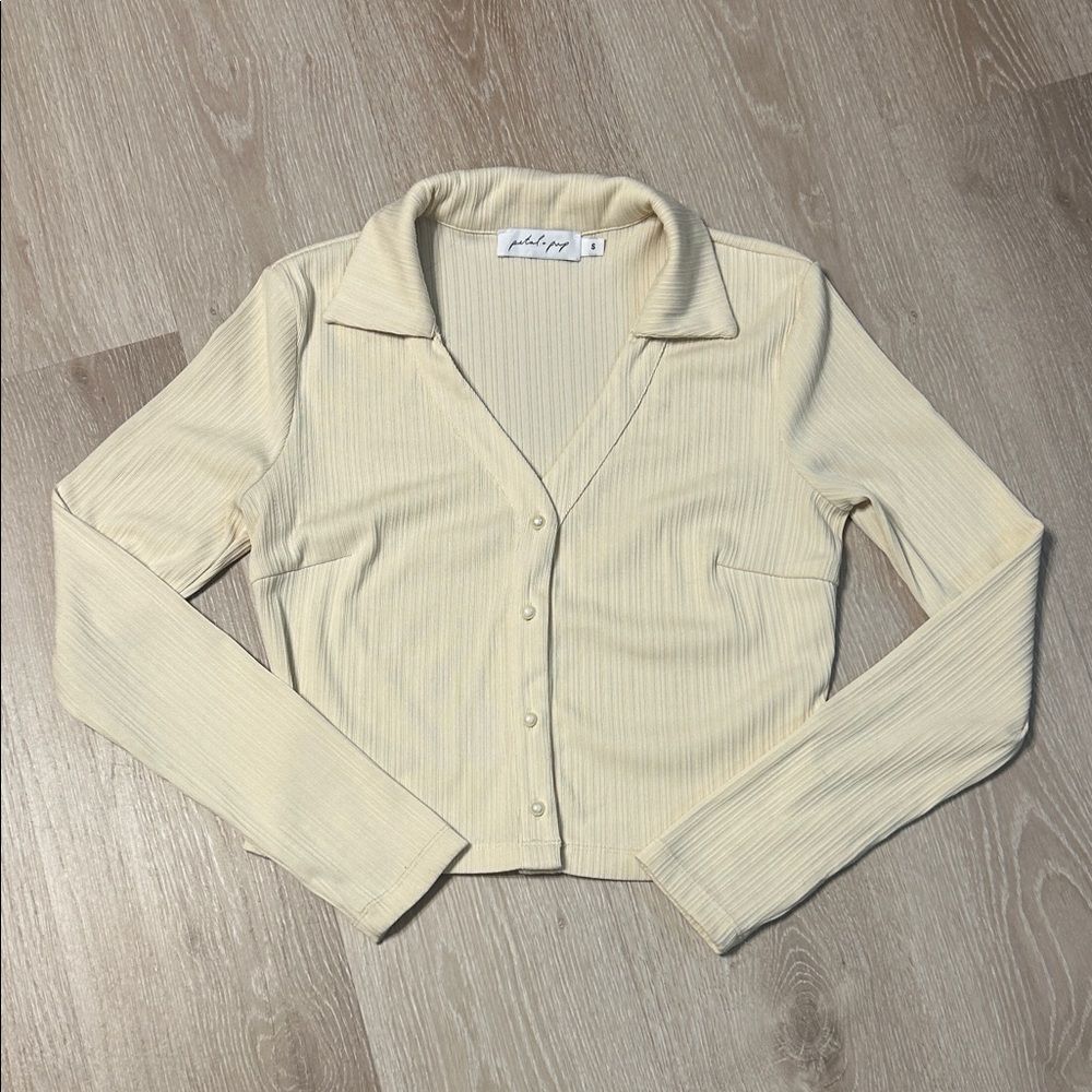 Petal & Pup Christina Long Sleeve Cream Ribbed Button-Up Top Sz Small